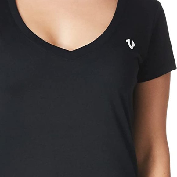 True Religion Black S/S Logo Short Sleeve Rounded V Neck Tee Medium - Picture 3 of 4